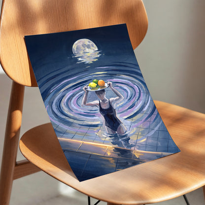 Moonlit Citrus, blue, gray, purple abstract wall art displayed in a styled interior, gallery view 5