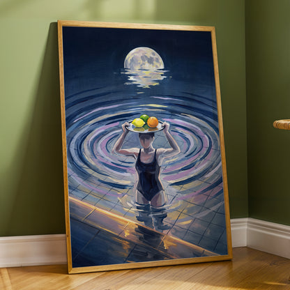 Moonlit Citrus, blue, gray, purple abstract wall art displayed in a styled interior, gallery view 6