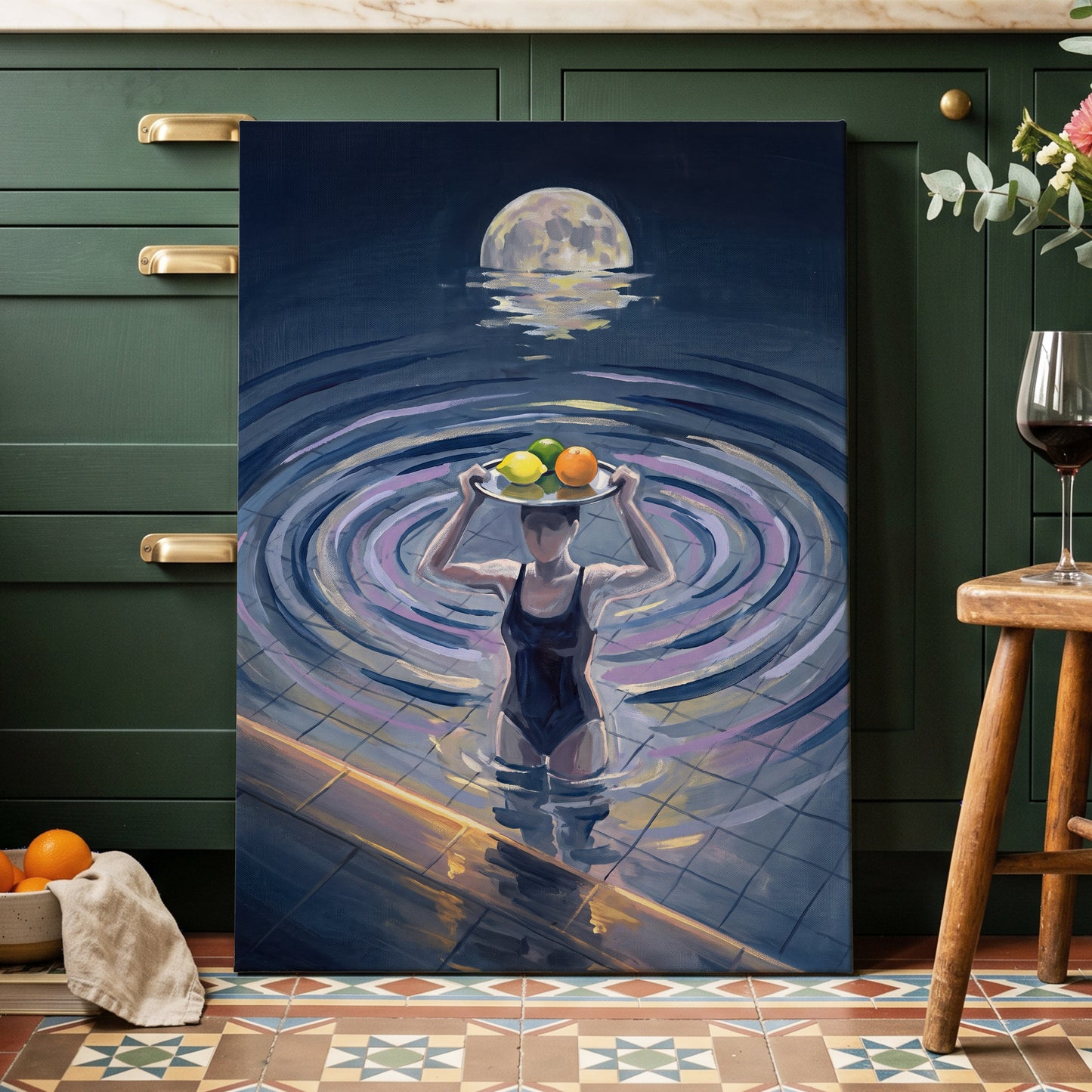 Moonlit Citrus, blue, gray, purple abstract wall art displayed in a styled interior, gallery view 7