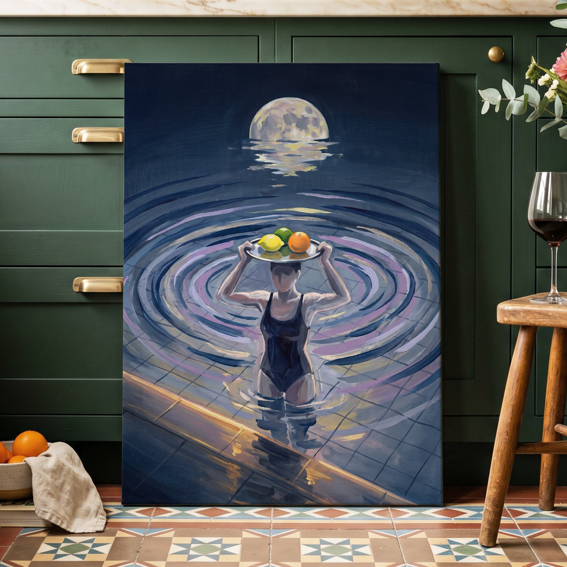 Moonlit Citrus, blue, gray, purple abstract wall art displayed in a styled interior, gallery view 7