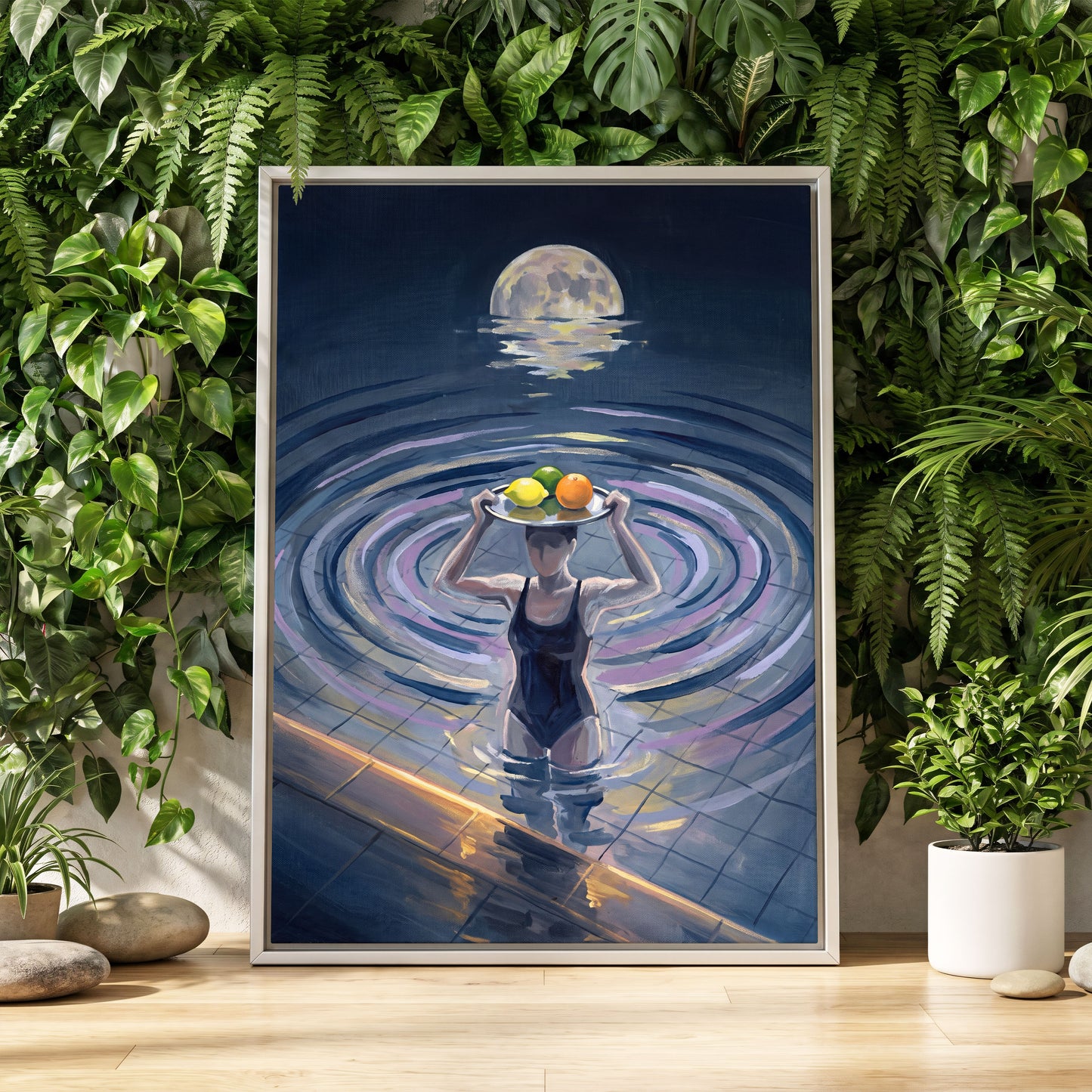 Moonlit Citrus, blue, gray, purple abstract wall art displayed in a styled interior, gallery view 8