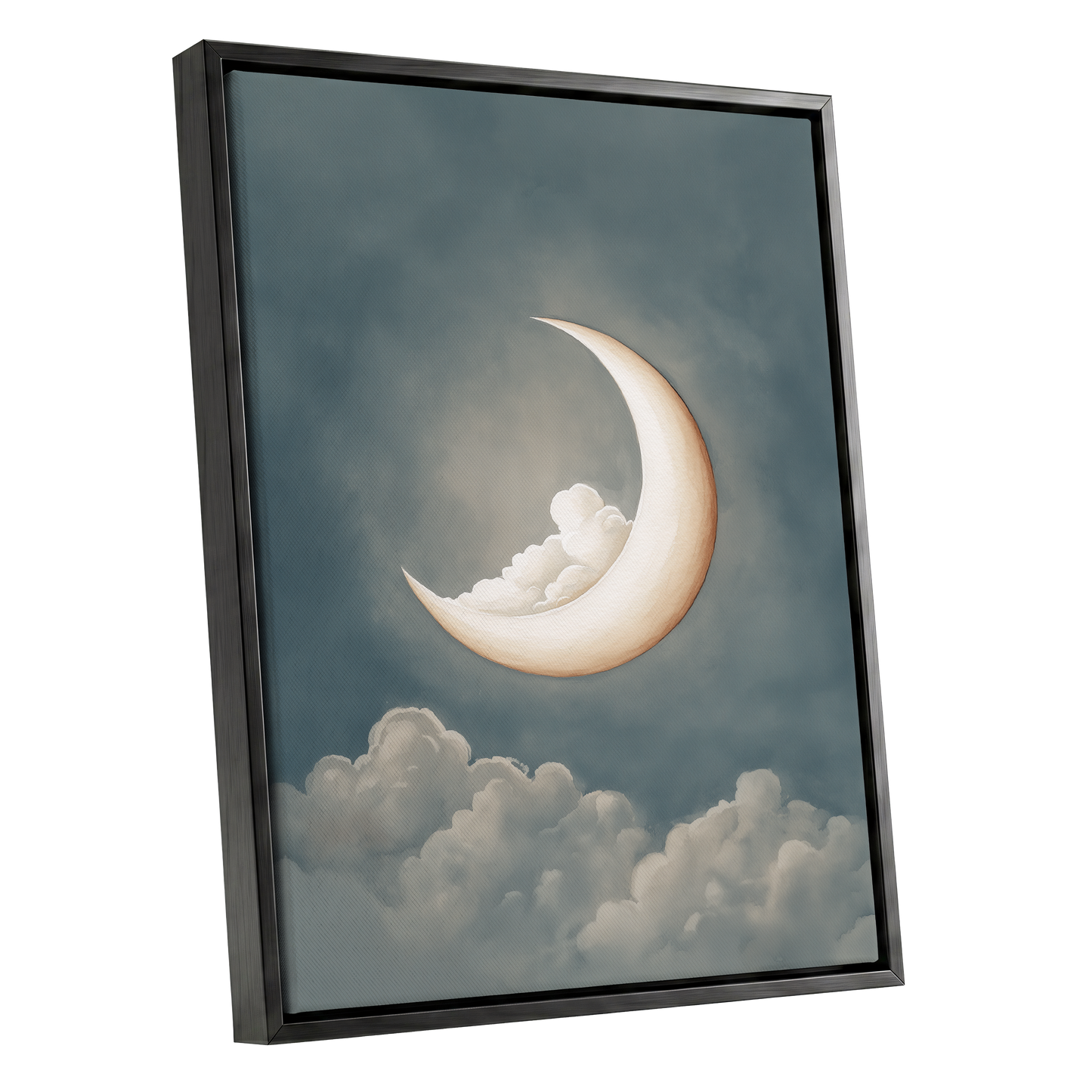 Moonlit Cloud Cradle, blue, gray, beige nature wall art shown as a black framed canvas wall art