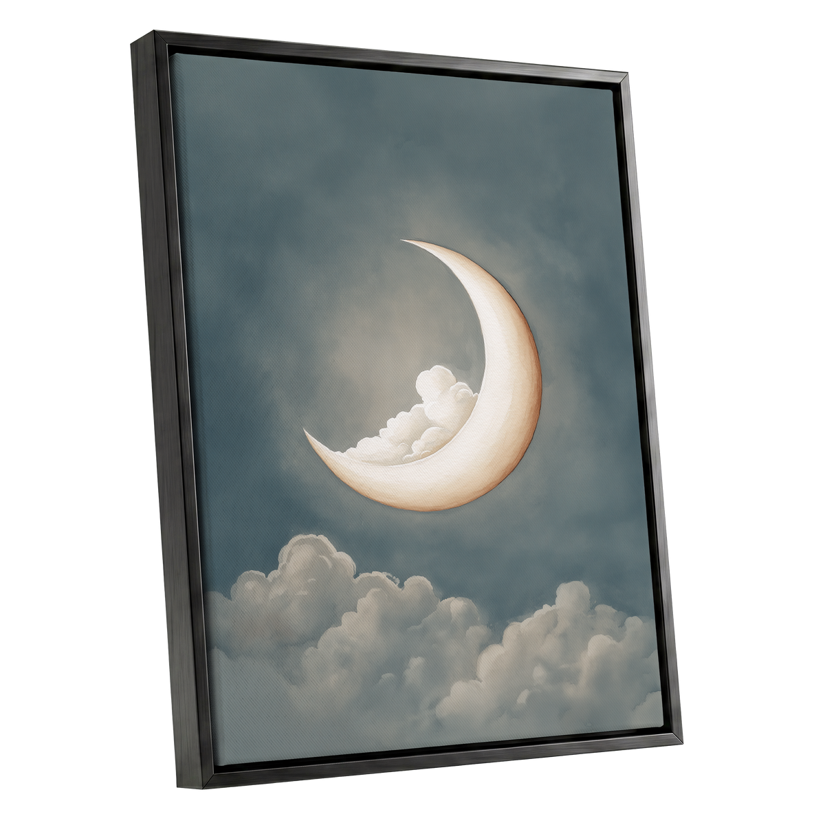 Moonlit Cloud Cradle, blue, gray, beige nature wall art shown as a black framed canvas wall art