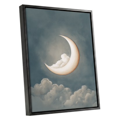 Moonlit Cloud Cradle, blue, gray, beige nature wall art shown as a black framed canvas wall art