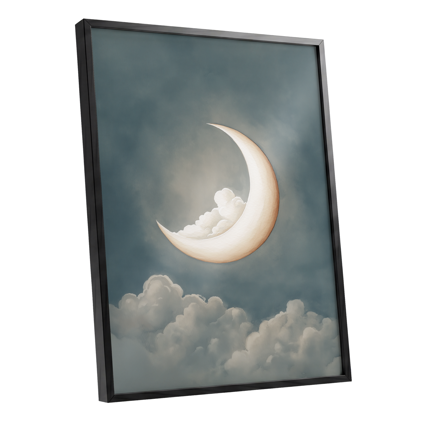 Moonlit Cloud Cradle, blue, gray, beige nature wall art shown as a black framed poster wall art print