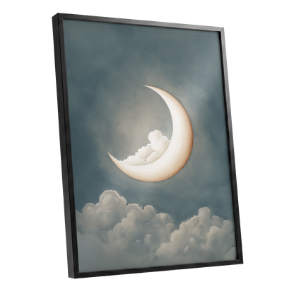 Moonlit Cloud Cradle, blue, gray, beige nature wall art shown as a black framed poster wall art print