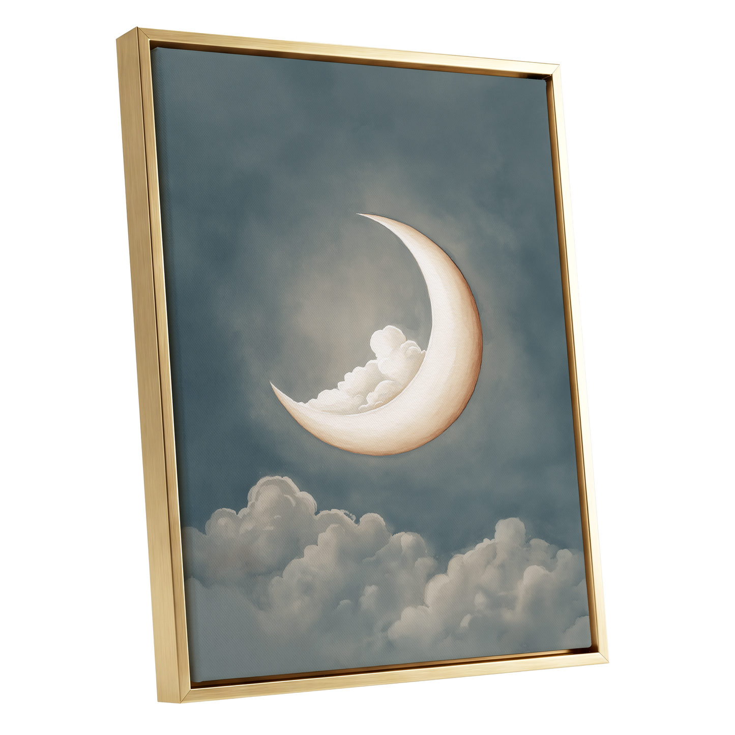 Moonlit Cloud Cradle, blue, gray, beige nature wall art shown as a gold framed canvas wall art