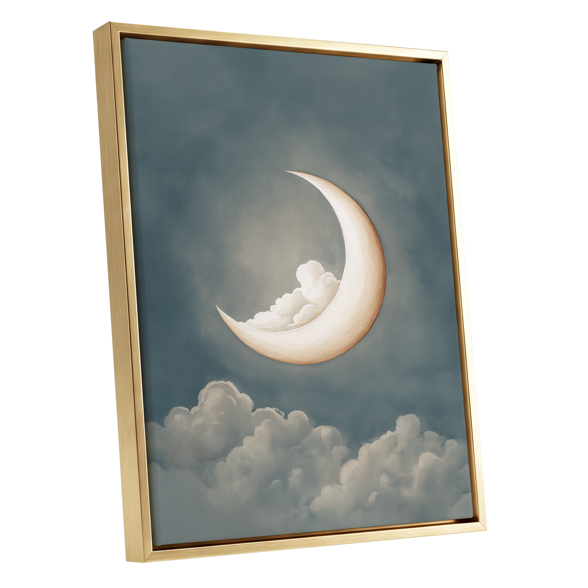 Moonlit Cloud Cradle, blue, gray, beige nature wall art shown as a gold framed canvas wall art