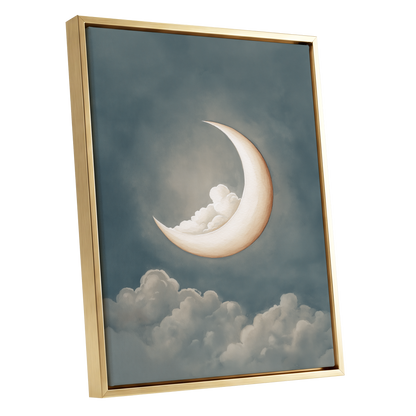 Moonlit Cloud Cradle, blue, gray, beige nature wall art shown as a gold framed canvas wall art