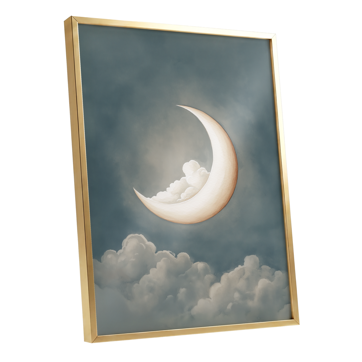 Moonlit Cloud Cradle, blue, gray, beige nature wall art shown as a gold framed poster wall art print