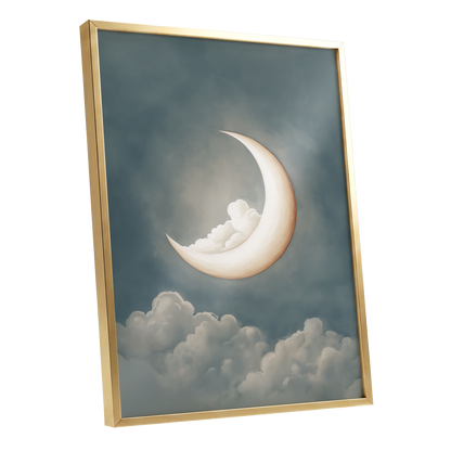 Moonlit Cloud Cradle, blue, gray, beige nature wall art shown as a gold framed poster wall art print