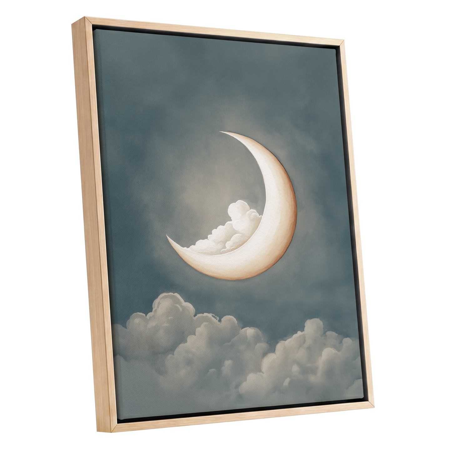 Moonlit Cloud Cradle, blue, gray, beige nature wall art shown as a oak framed canvas wall art