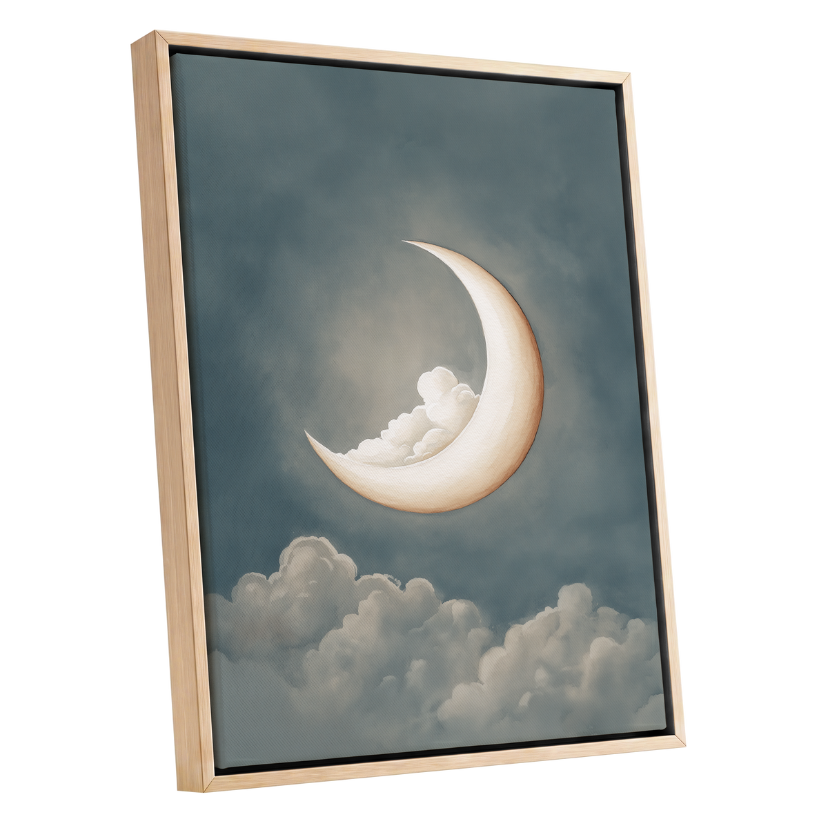 Moonlit Cloud Cradle, blue, gray, beige nature wall art shown as a oak framed canvas wall art
