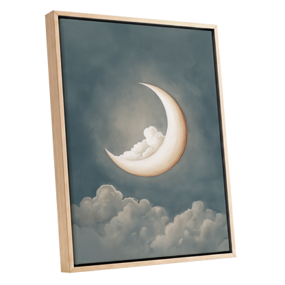 Moonlit Cloud Cradle, blue, gray, beige nature wall art shown as a oak framed canvas wall art