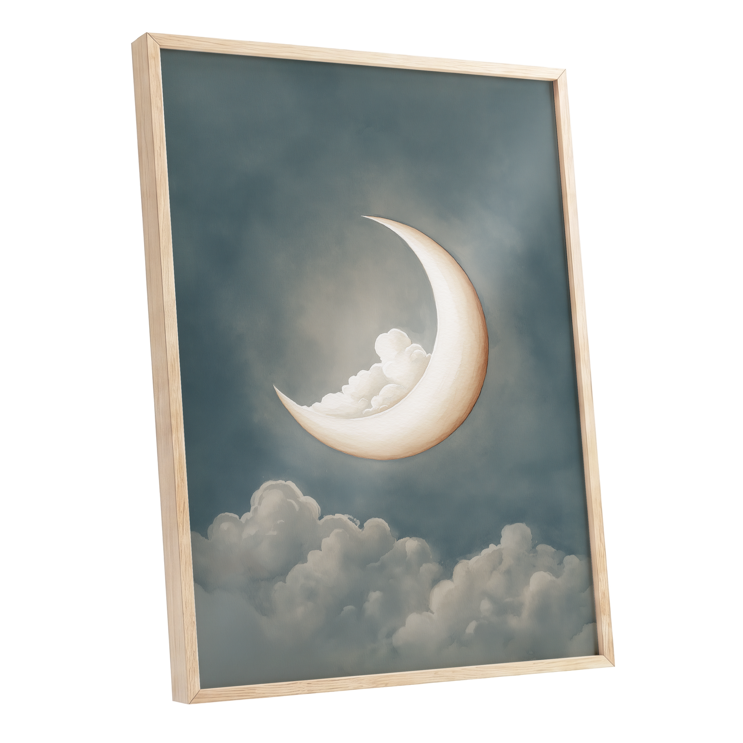 Moonlit Cloud Cradle, blue, gray, beige nature wall art shown as a oak framed poster wall art print