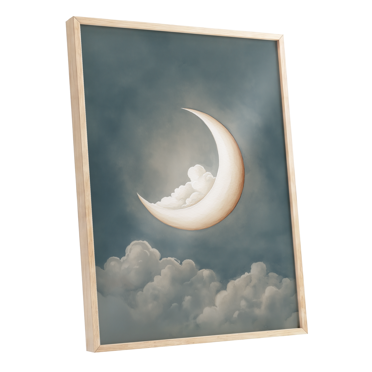 Moonlit Cloud Cradle, blue, gray, beige nature wall art shown as a oak framed poster wall art print