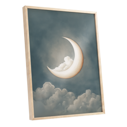 Moonlit Cloud Cradle, blue, gray, beige nature wall art shown as a oak framed poster wall art print