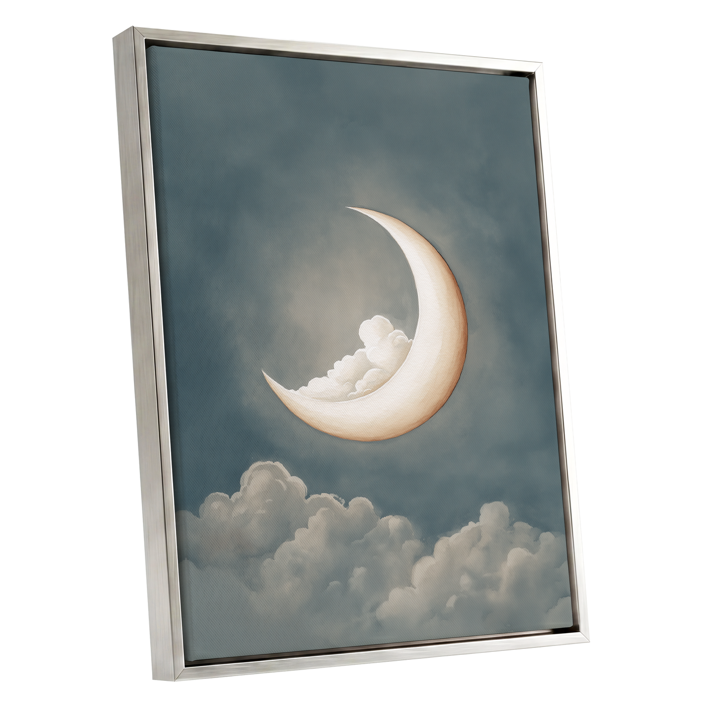 Moonlit Cloud Cradle, blue, gray, beige nature wall art shown as a silver framed canvas wall art