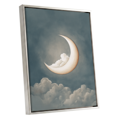 Moonlit Cloud Cradle, blue, gray, beige nature wall art shown as a silver framed canvas wall art