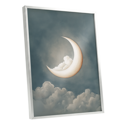 Moonlit Cloud Cradle, blue, gray, beige nature wall art shown as a silver framed poster wall art print