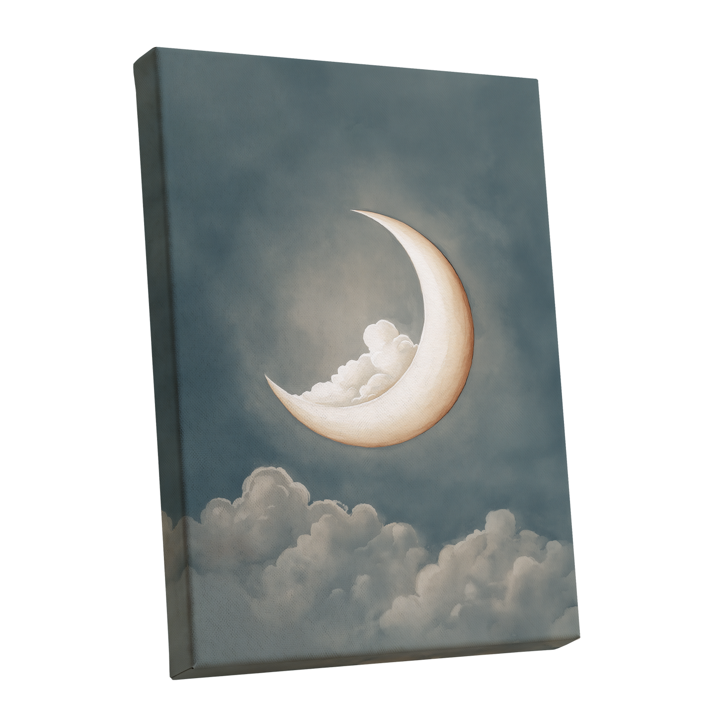 Moonlit Cloud Cradle, blue, gray, beige nature wall art shown as a stretched canvas wall art