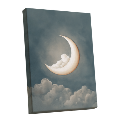Moonlit Cloud Cradle, blue, gray, beige nature wall art shown as a stretched canvas wall art