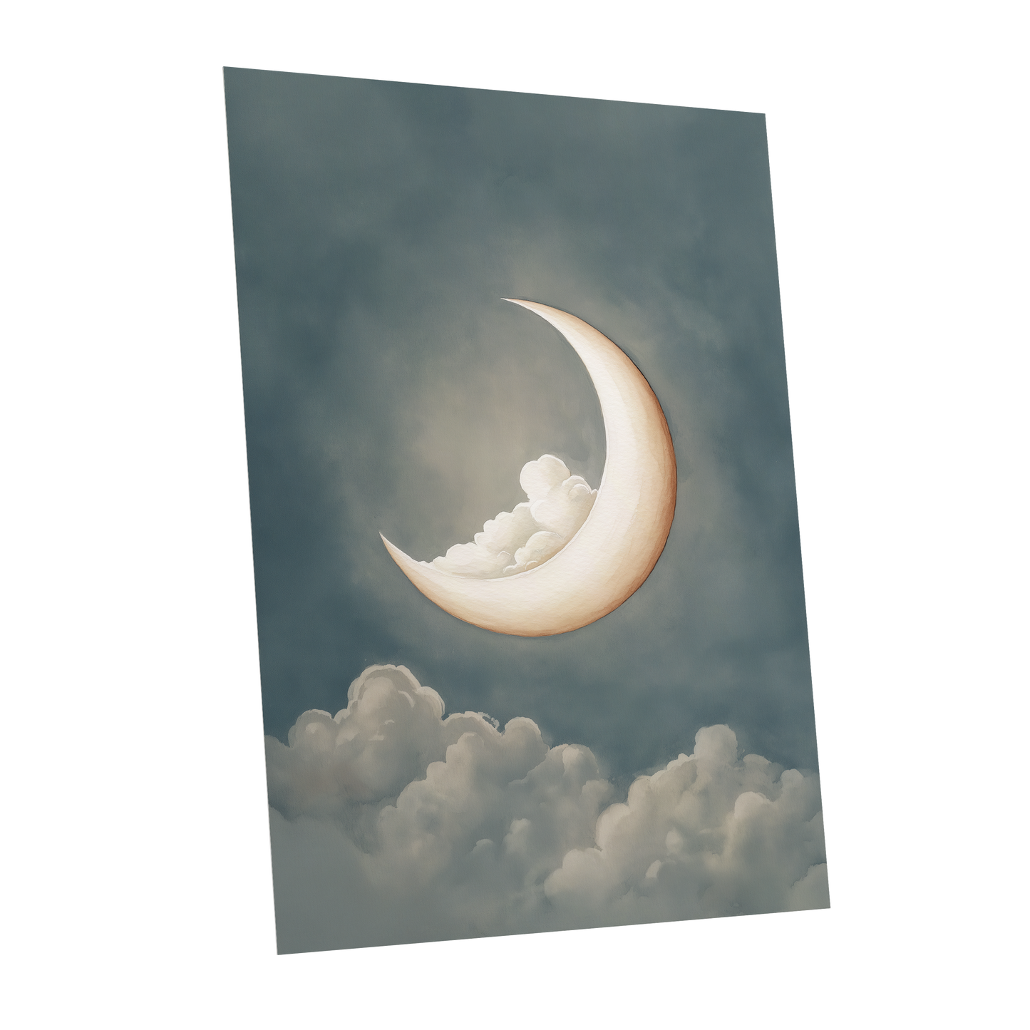 Moonlit Cloud Cradle, blue, gray, beige nature wall art shown as a unframed poster wall art print
