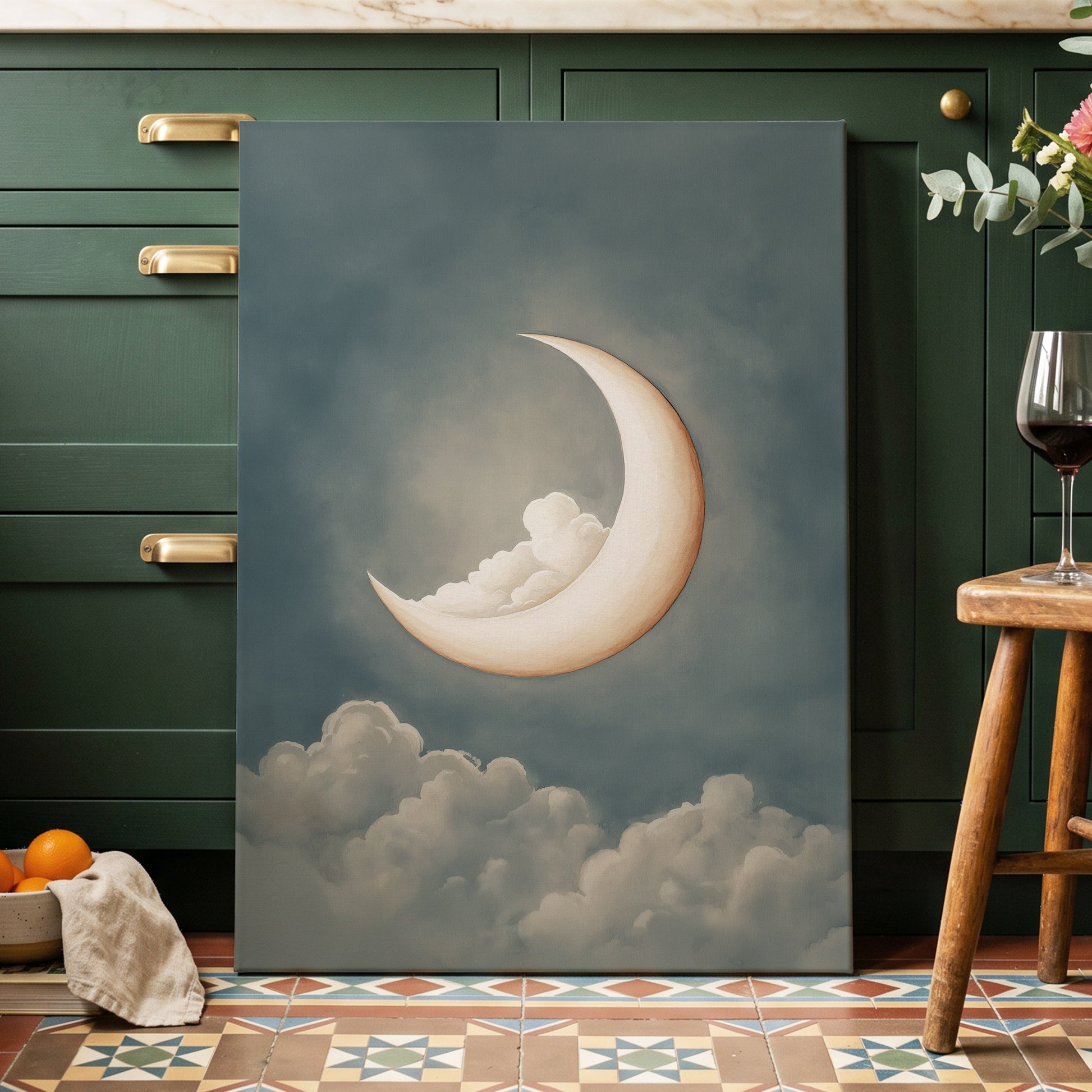 Moonlit Cloud Cradle, blue, gray, beige nature wall art displayed in a styled interior, gallery view 3