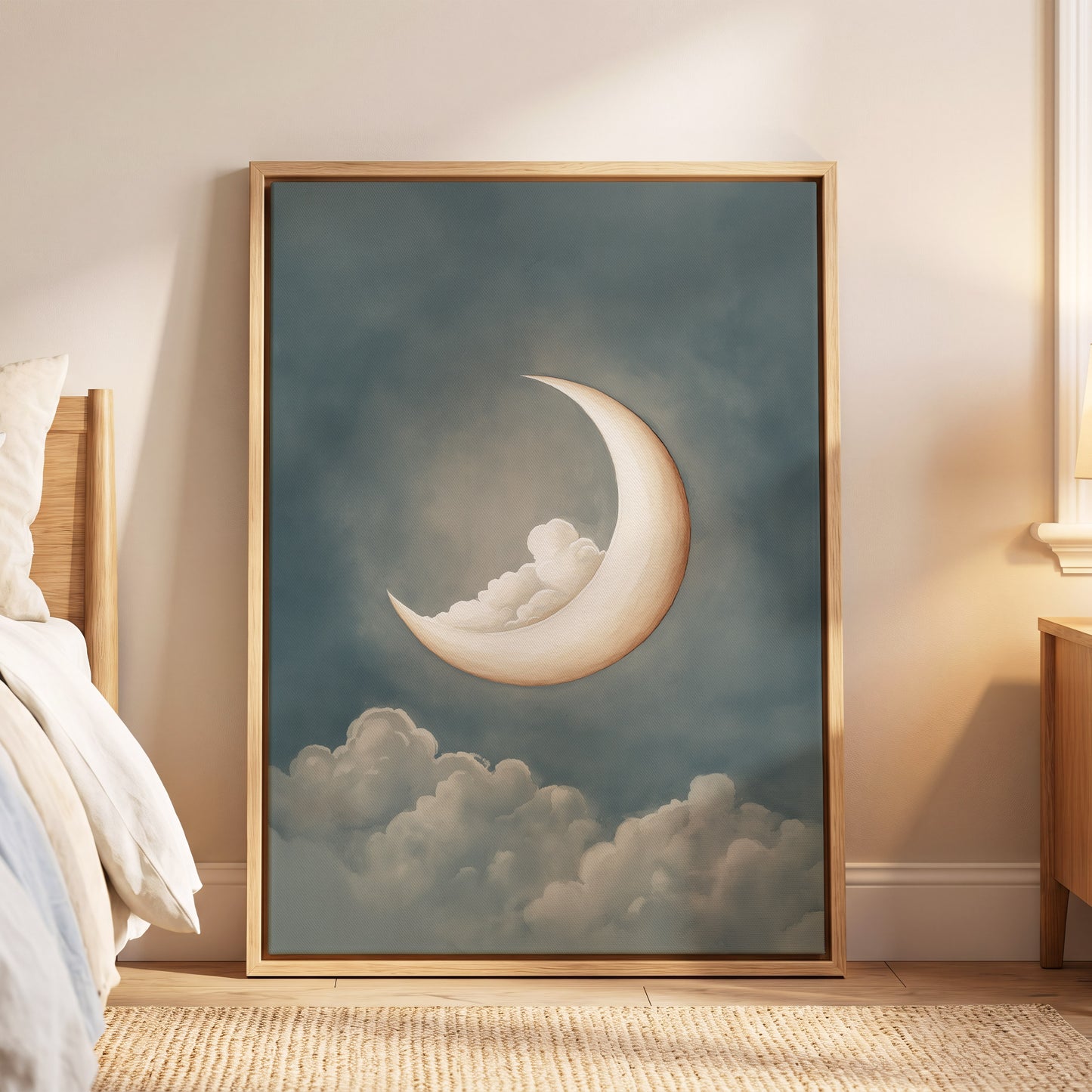 Moonlit Cloud Cradle, blue, gray, beige nature wall art displayed in a styled interior, gallery view 4