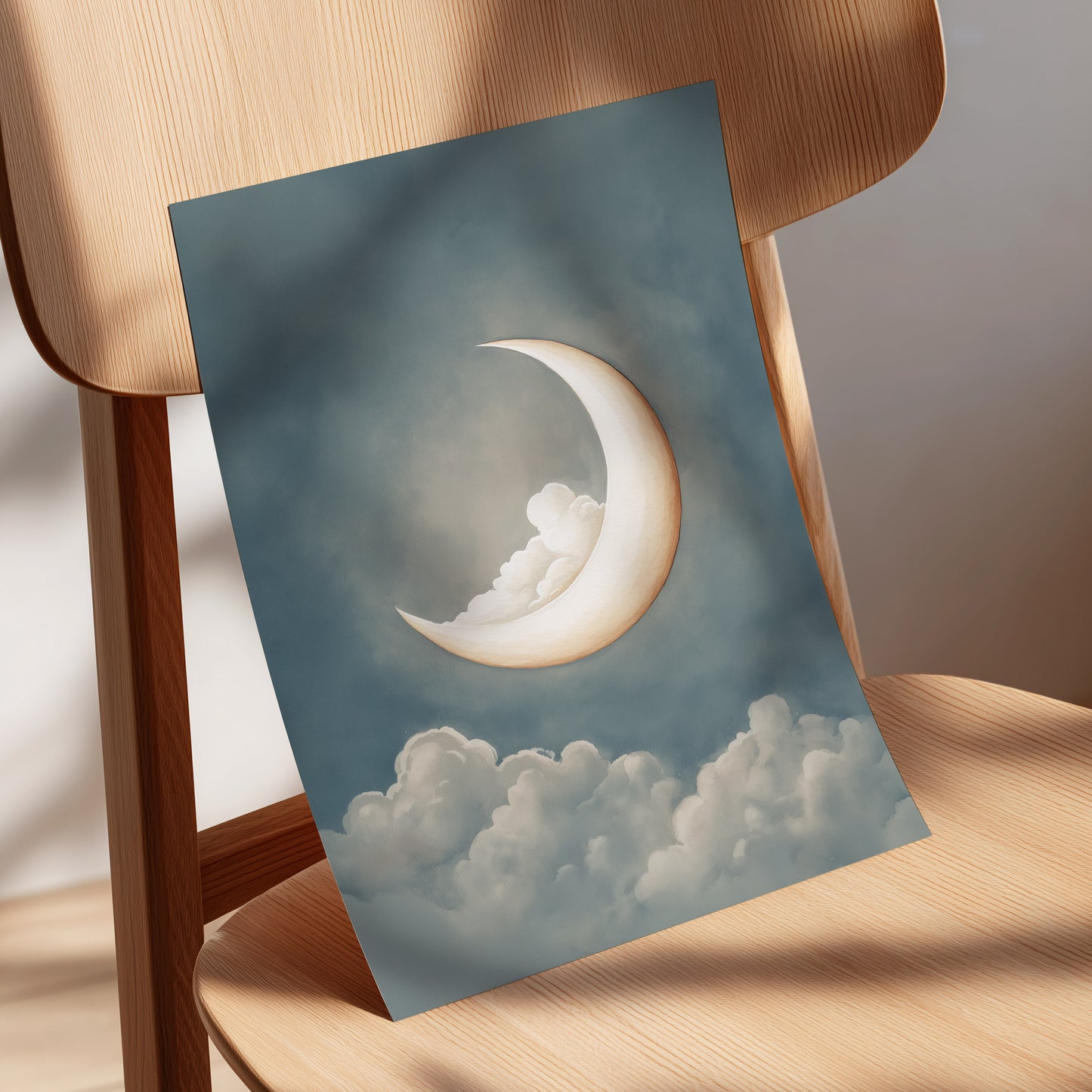 Moonlit Cloud Cradle, blue, gray, beige nature wall art displayed in a styled interior, gallery view 5