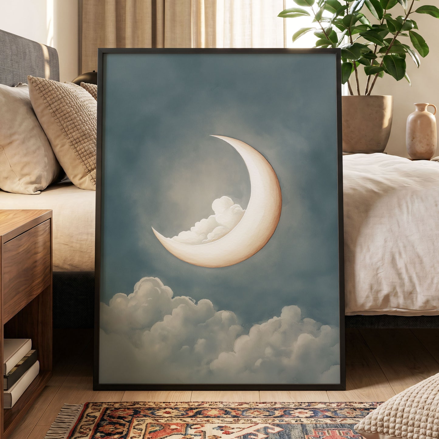 Moonlit Cloud Cradle, blue, gray, beige nature wall art displayed in a styled interior, gallery view 6