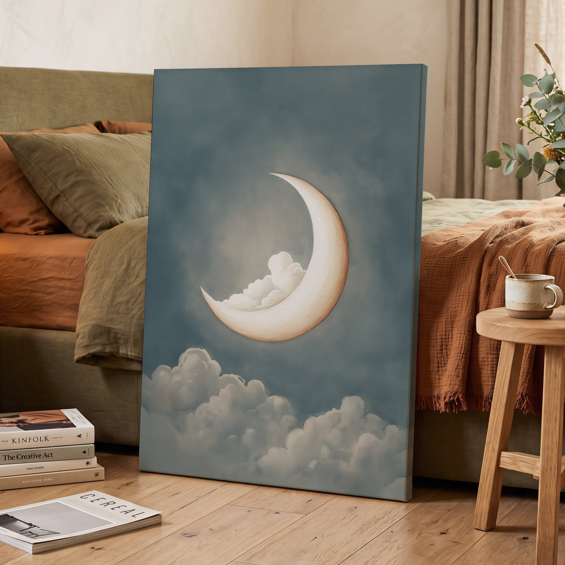 Moonlit Cloud Cradle, blue, gray, beige nature wall art displayed in a styled interior, gallery view 7