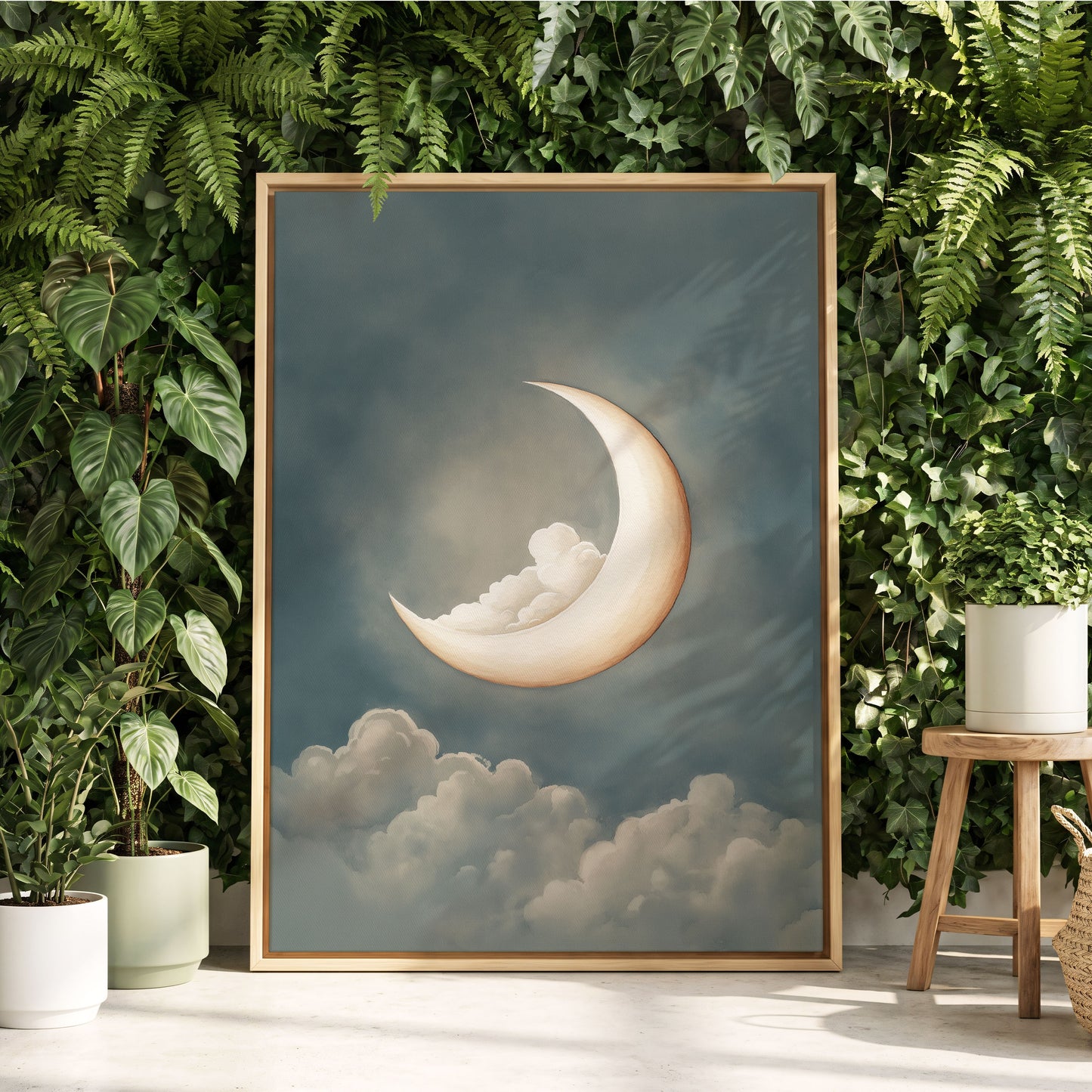 Moonlit Cloud Cradle, blue, gray, beige nature wall art displayed in a styled interior, gallery view 8