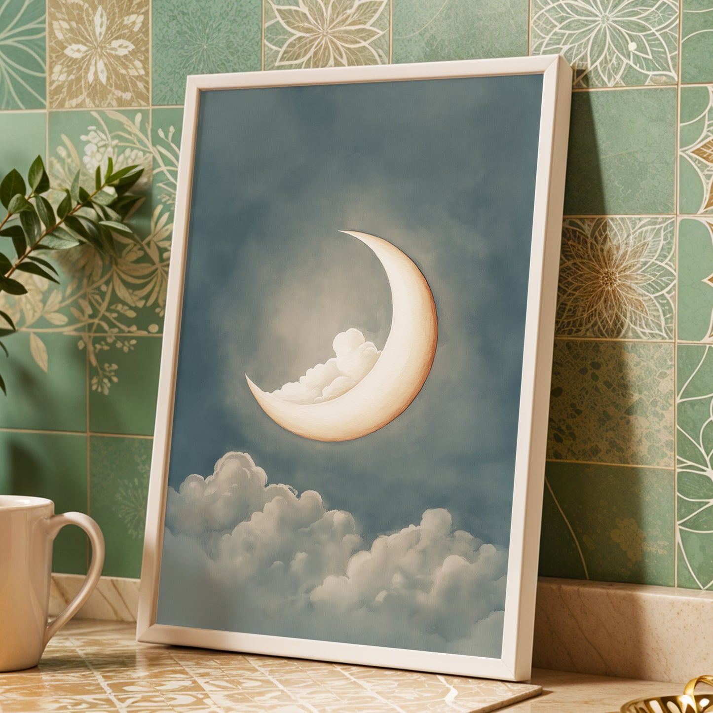 Moonlit Cloud Cradle, blue, gray, beige nature wall art displayed in a styled interior, gallery view 9