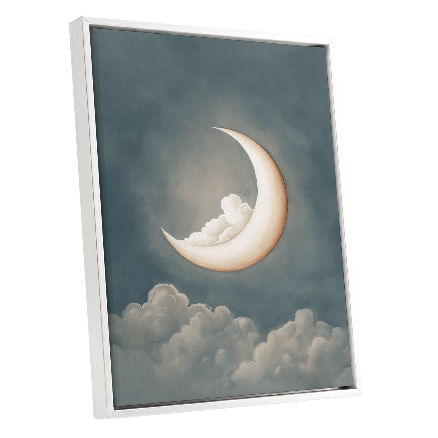 Moonlit Cloud Cradle, blue, gray, beige nature wall art shown as a white framed canvas wall art