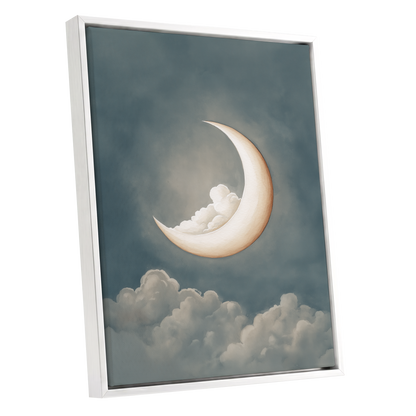 Moonlit Cloud Cradle, blue, gray, beige nature wall art shown as a white framed canvas wall art