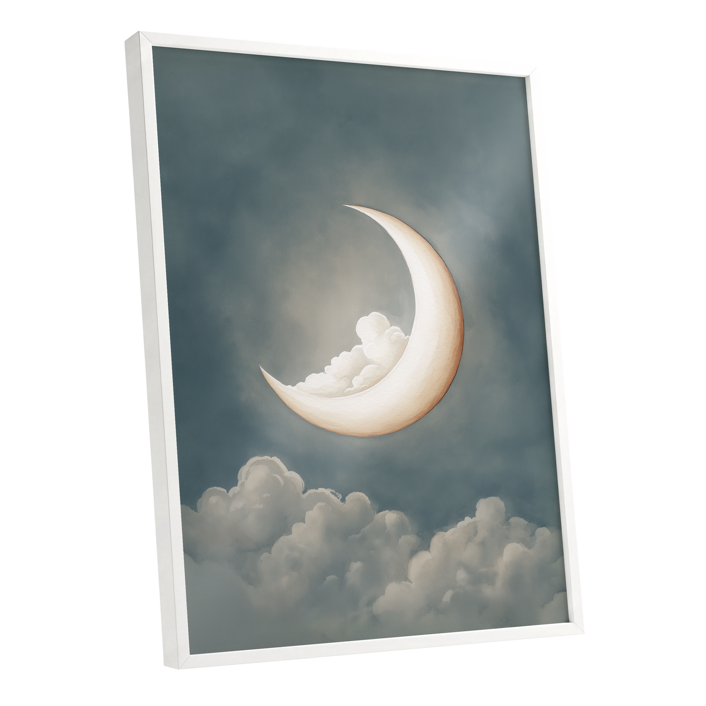 Moonlit Cloud Cradle, blue, gray, beige nature wall art shown as a white framed poster wall art print