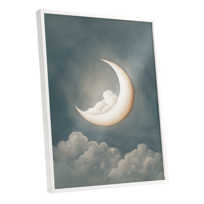Moonlit Cloud Cradle, blue, gray, beige nature wall art shown as a white framed poster wall art print