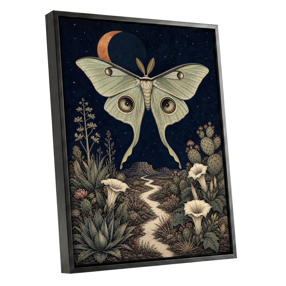Moonlit Desert Moth, blue, green, beige nature wall art shown as a black framed canvas wall art