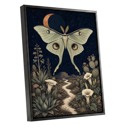 Moonlit Desert Moth, blue, green, beige nature wall art shown as a black framed canvas wall art