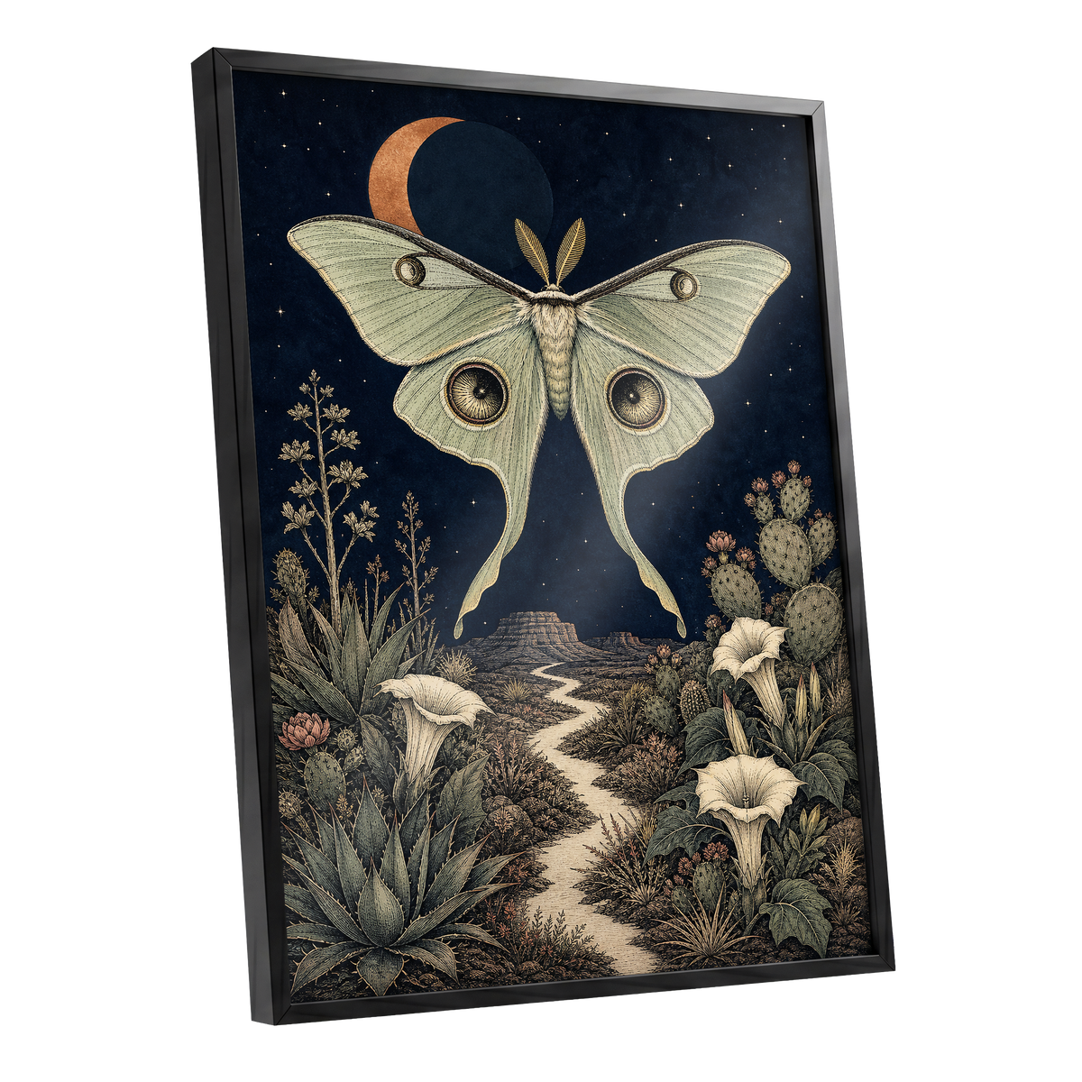 Moonlit Desert Moth, blue, green, beige nature wall art shown as a black framed poster wall art print