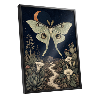 Moonlit Desert Moth, blue, green, beige nature wall art shown as a black framed poster wall art print