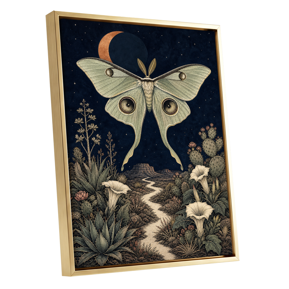 Moonlit Desert Moth, blue, green, beige nature wall art shown as a gold framed canvas wall art