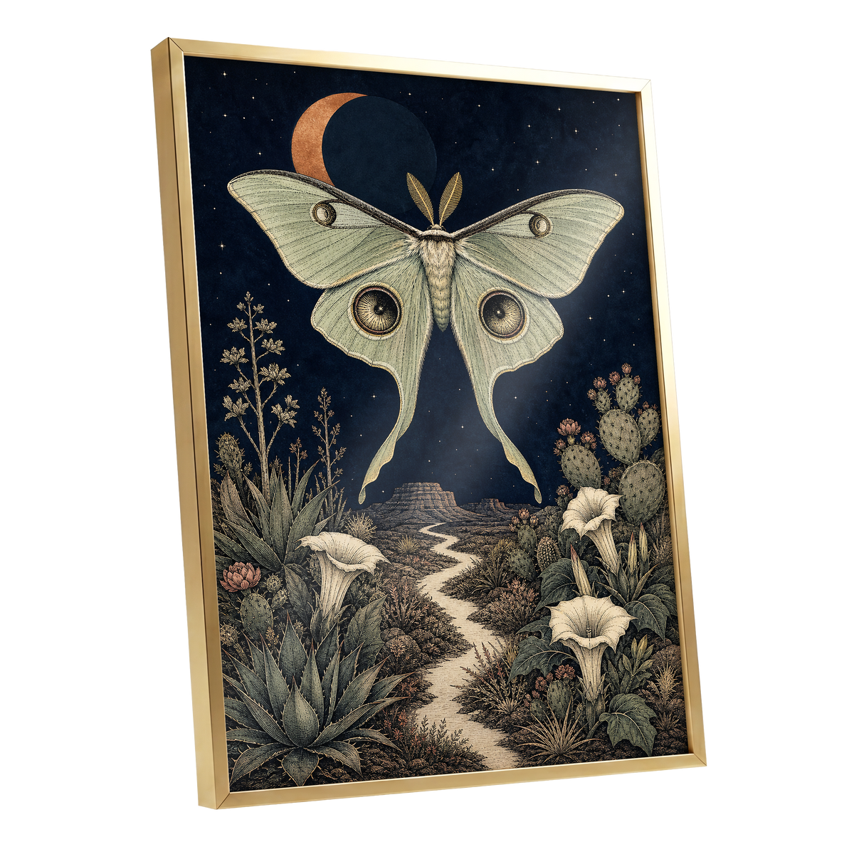 Moonlit Desert Moth, blue, green, beige nature wall art shown as a gold framed poster wall art print