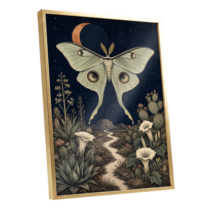 Moonlit Desert Moth, blue, green, beige nature wall art shown as a gold framed poster wall art print