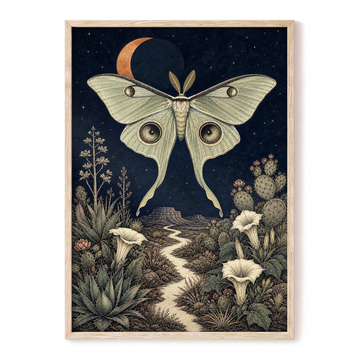 Moonlit Desert Moth, blue, green, beige nature wall art, front artwork view