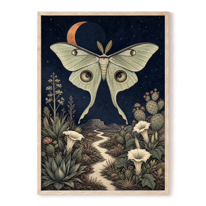 Moonlit Desert Moth, blue, green, beige nature wall art, front artwork view