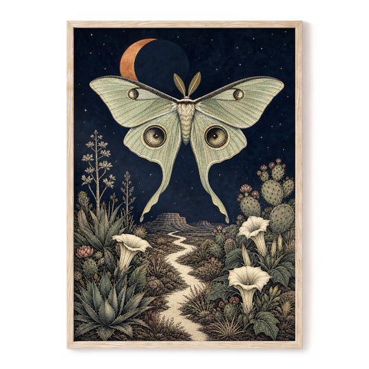 Moonlit Desert Moth, blue, green, beige nature wall art, front artwork view