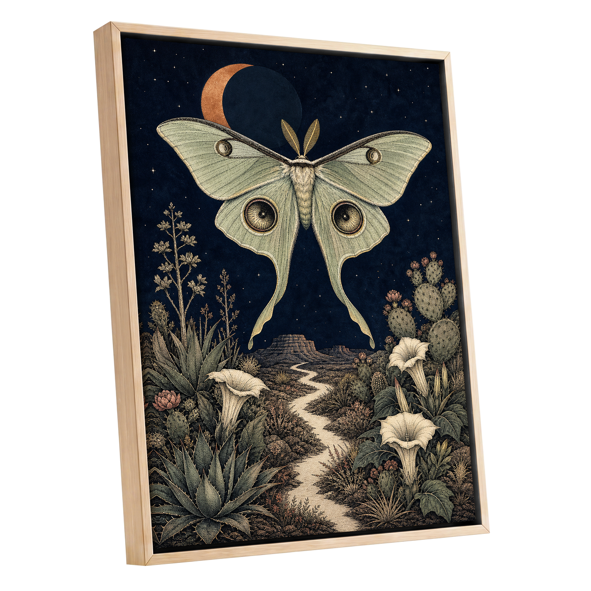 Moonlit Desert Moth, blue, green, beige nature wall art shown as a oak framed canvas wall art