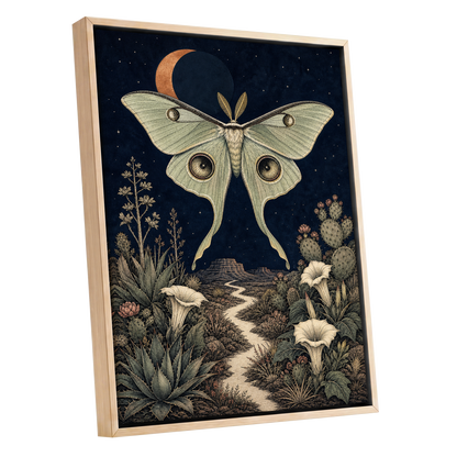 Moonlit Desert Moth, blue, green, beige nature wall art shown as a oak framed canvas wall art